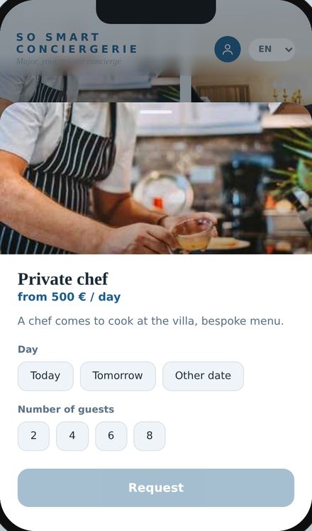 Booking a private chef, choosing the day and number of guests