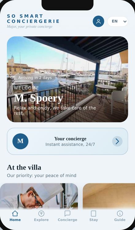 Guest home screen with welcome message and concierge access