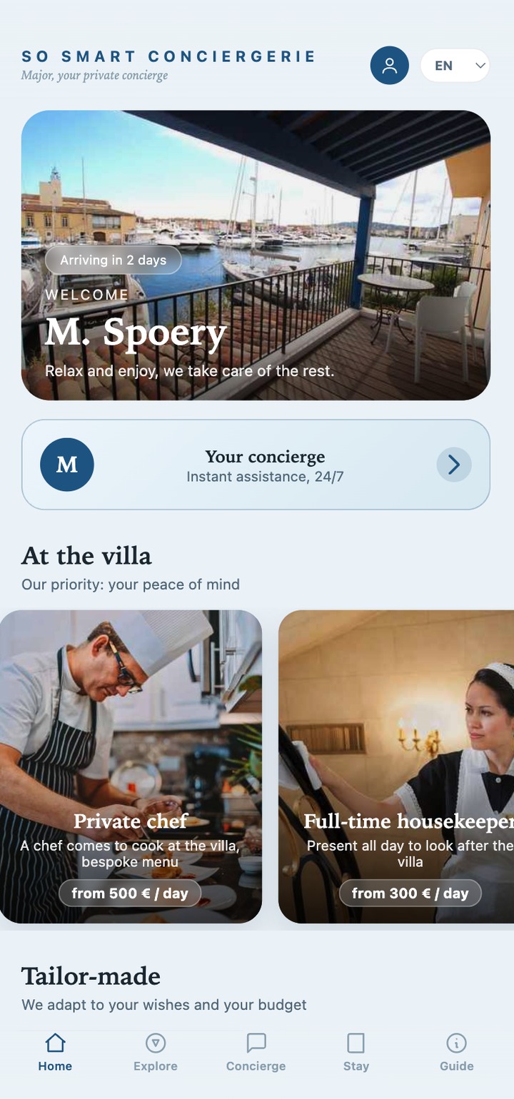 Guest home screen with a personal welcome and one-tap concierge